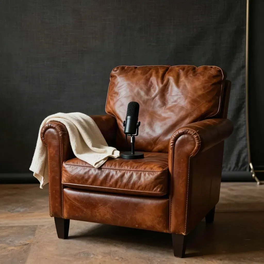 Coin d’interview feutré avec fauteuil en cuir, micro discret et fond textile sombre.