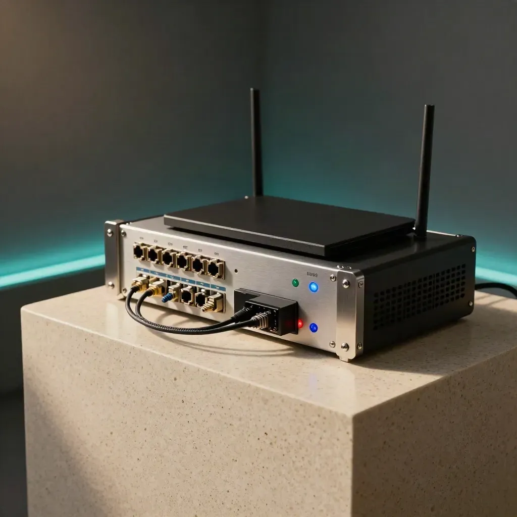 Rack de diffusion live avec voyants bleus, routeur, encodeur et câbles sur travertin.