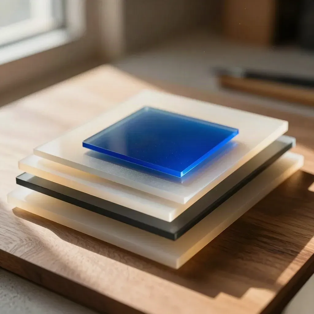 Plaques acryliques translucides et gélatines bleues empilées sur fond chaud