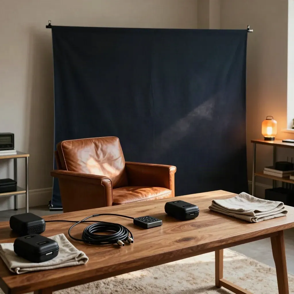 Atelier vidéo rangé avec fauteuil vide, fond textile sombre et matériel audio prêt.