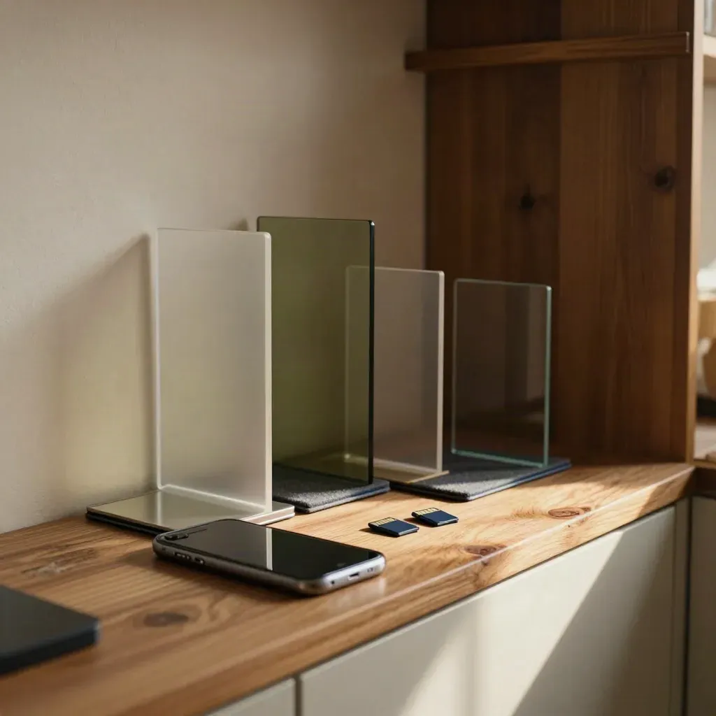 Cadres translucides, smartphone et cartes mémoire dans un coin studio baigné de lumière chaude.