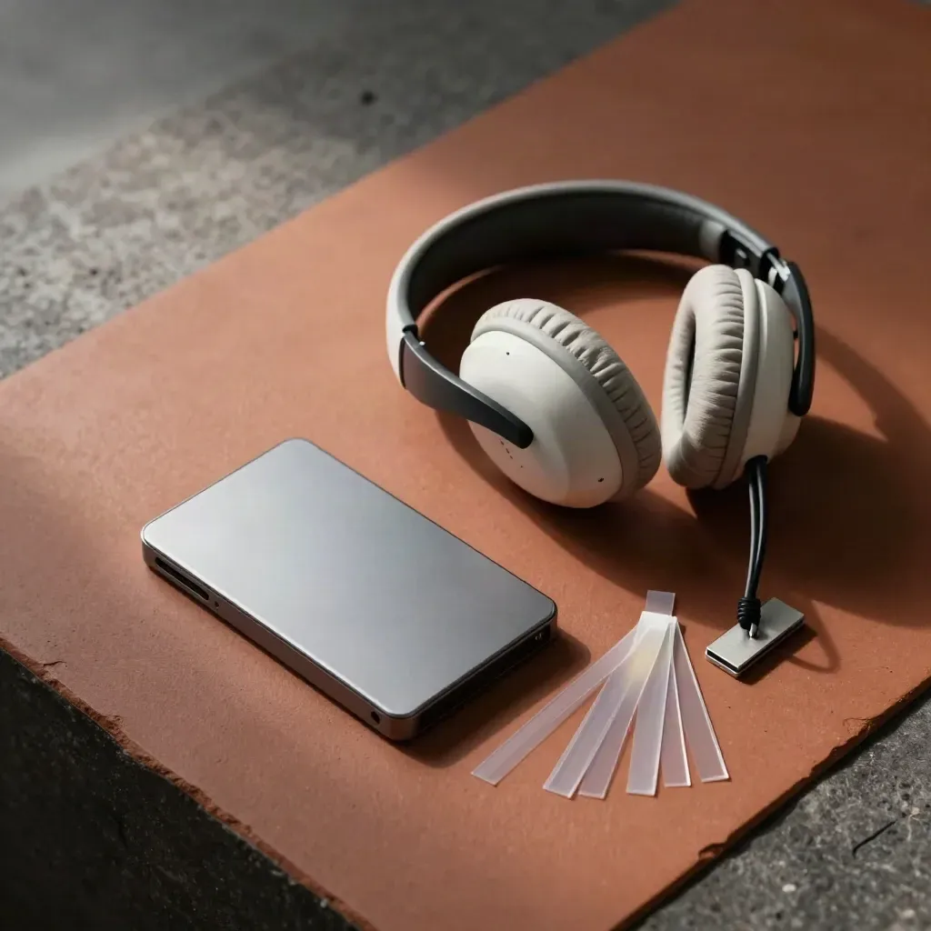 Casque studio, SSD et bandes de synchro sur fond terracotta, éclairage dramatique.
