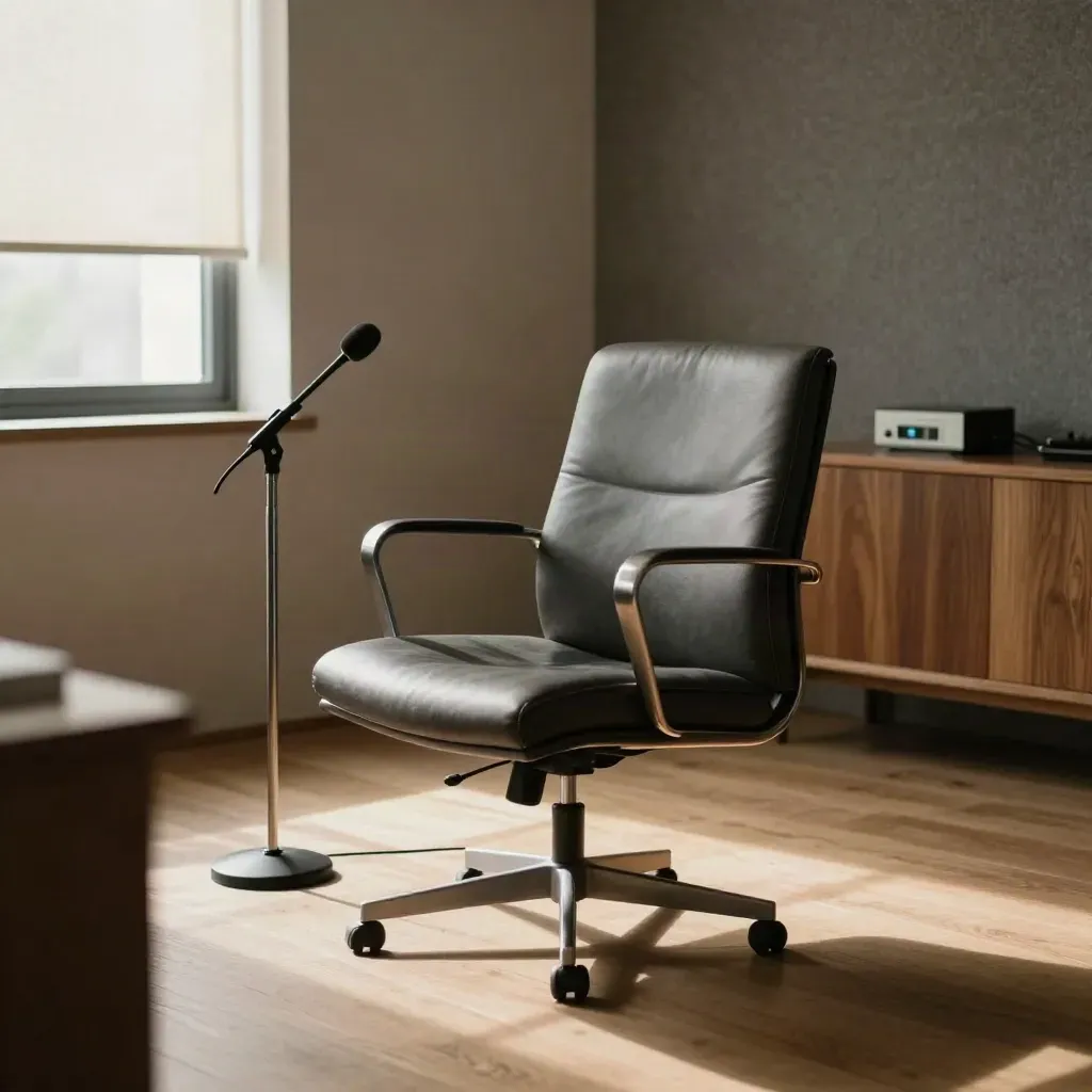 Bureau de direction vide, fauteuil, micro discret, panneau acoustique et lumière tamisée.