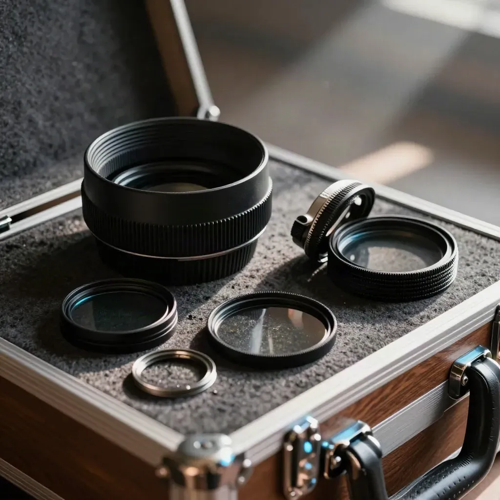 Accessoires optiques cinéma sur un coffret en noyer, ombres dramatiques et reflet bleu.