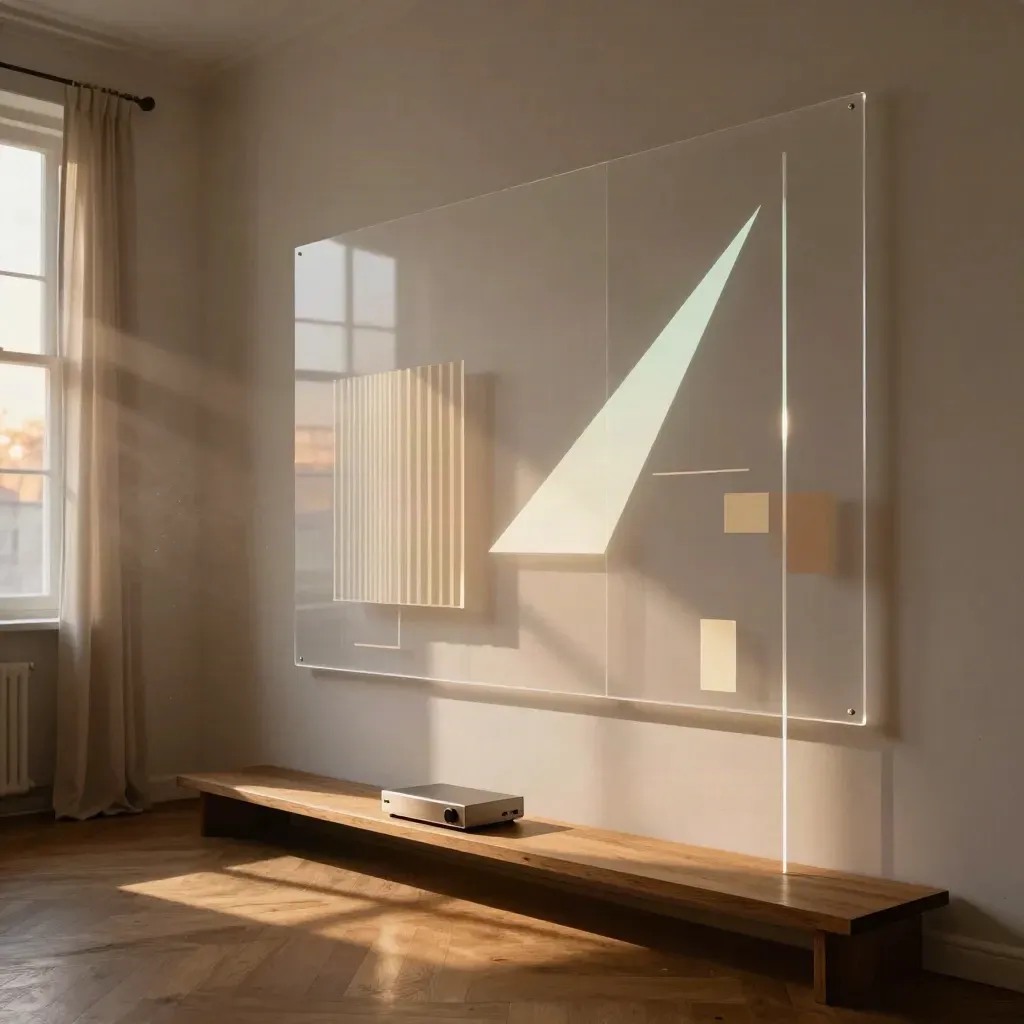 Mur de projection abstrait avec formes lumineuses et halos dans un coin studio chaleureux.