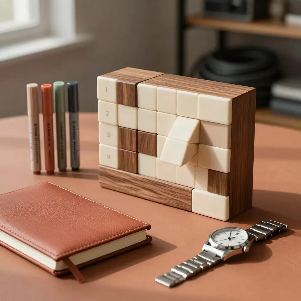 Nature morte éditoriale de planning vidéo avec cubes, marqueurs, carnet fermé et montre acier.