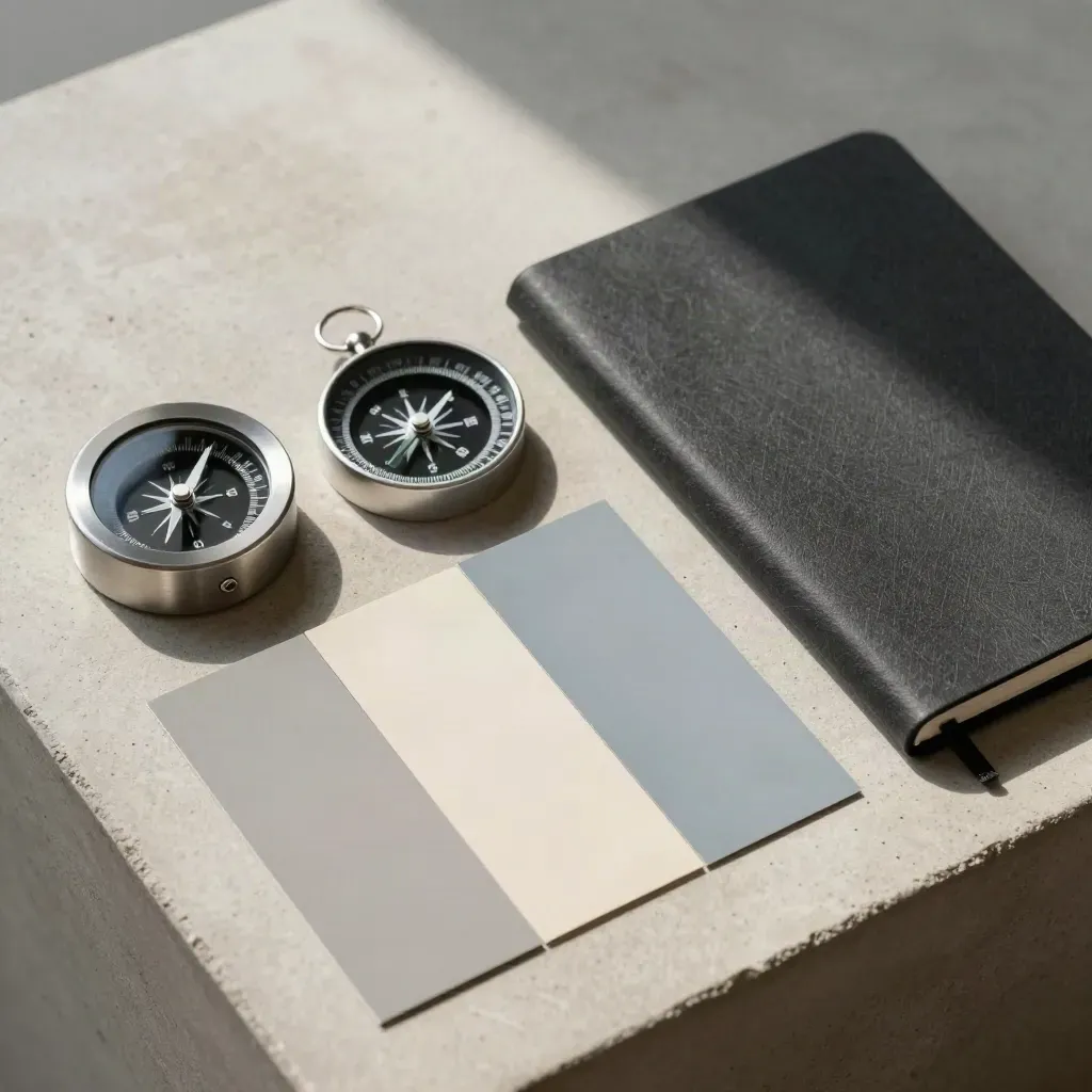 Vue du dessus d’une mini horloge, de pastilles couleur, d’une boussole et d’un carnet fermé.