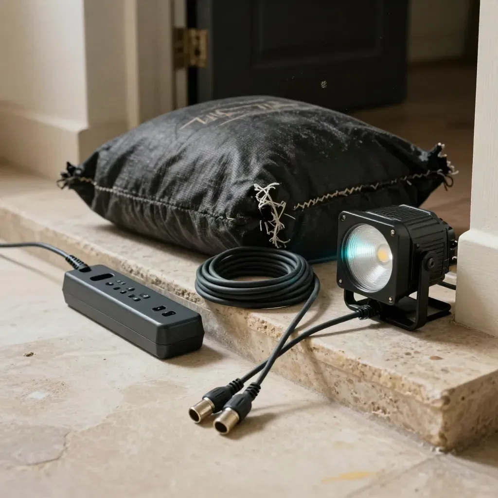 Kit de tournage au seuil avec sac de lestage, multiprise, câbles XLR et lampe LED.