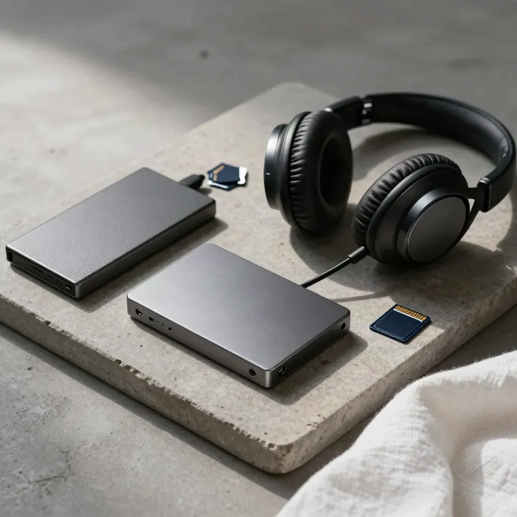 SSD, casque de monitoring, cartes mémoire et étui de sauvegarde sur un plateau minéral.