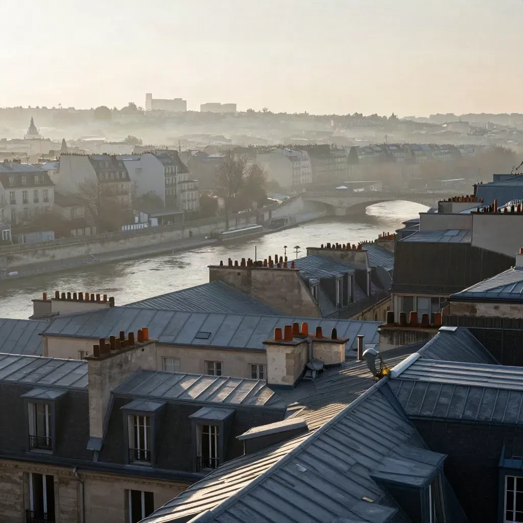 Panorama brumeux de Paris au lever du jour, toits de zinc et Seine sous un vaste ciel calme.