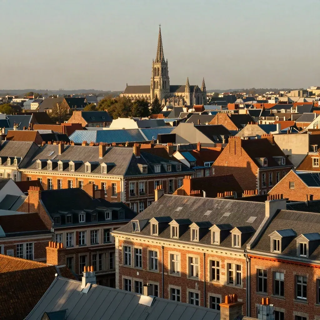 Vue dorée de Lille avec beffrois et toits de brique sous une légère brume