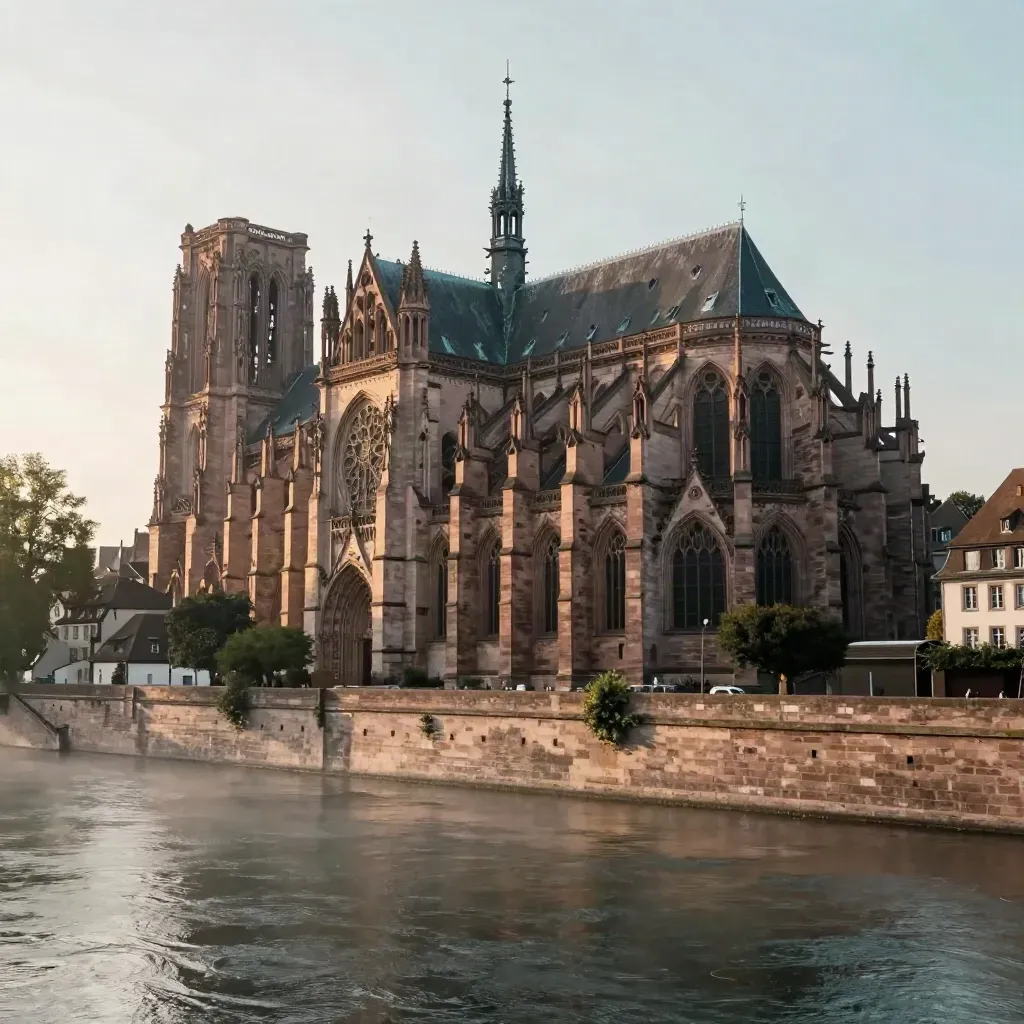 La cathédrale de Strasbourg au bord de l’eau, or du soir et brume légère.