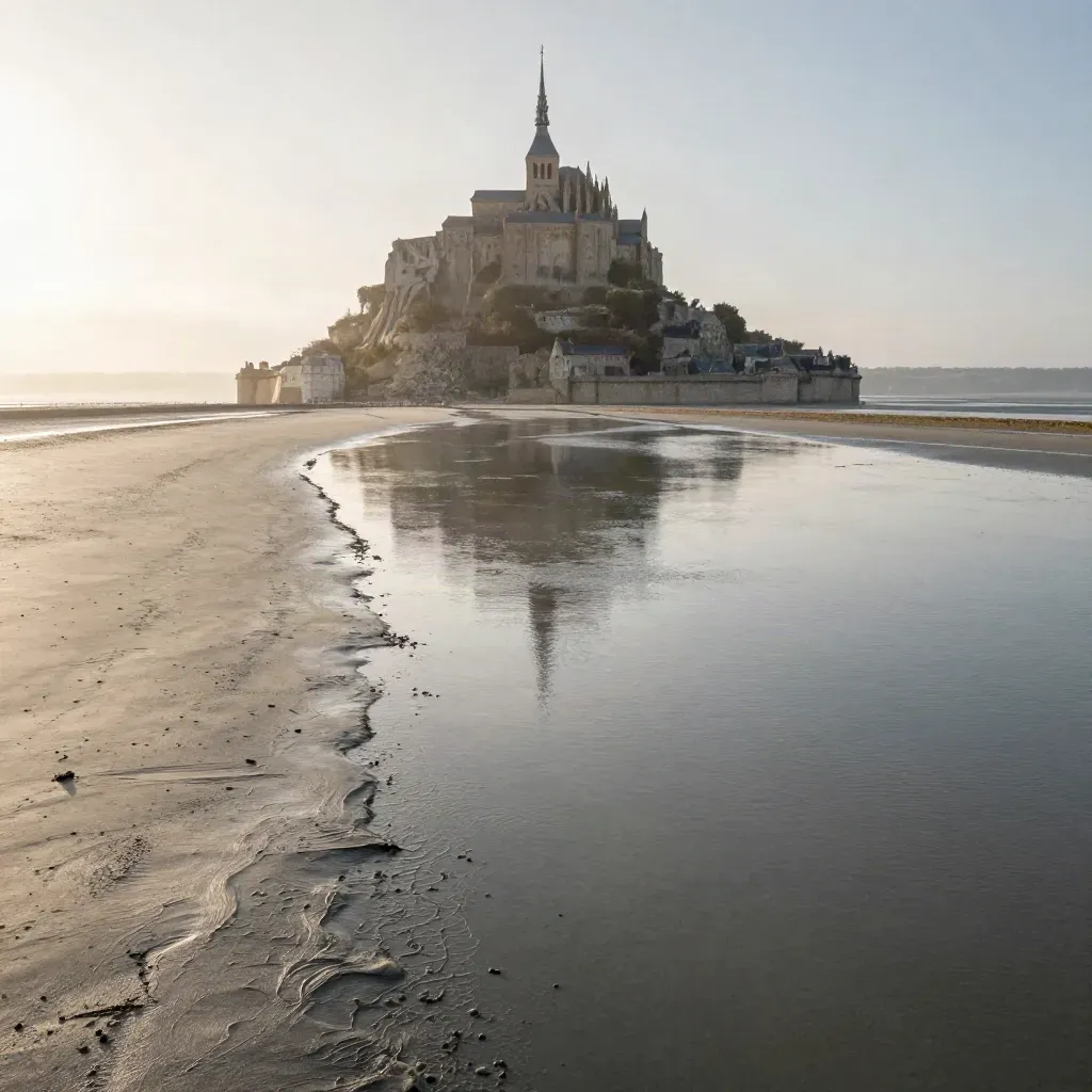 Le Mont-Saint-Michel petit et haut au-dessus d’une baie à marée basse, lumière chaude et brume saline.