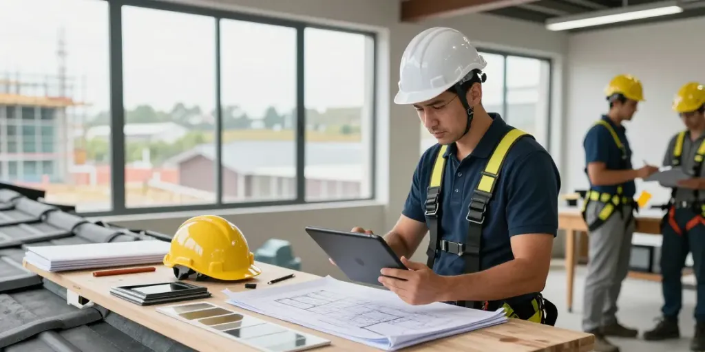 Atlas pro : Entrepreneur en toiture analysant des plans avec une tablette dans un espace de travail moderne.